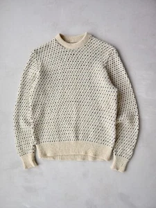 Vintage 80s L.L BEAN Sweater Thick Crew Neck Cream Wool Blend Size S Distressed - Picture 1 of 11