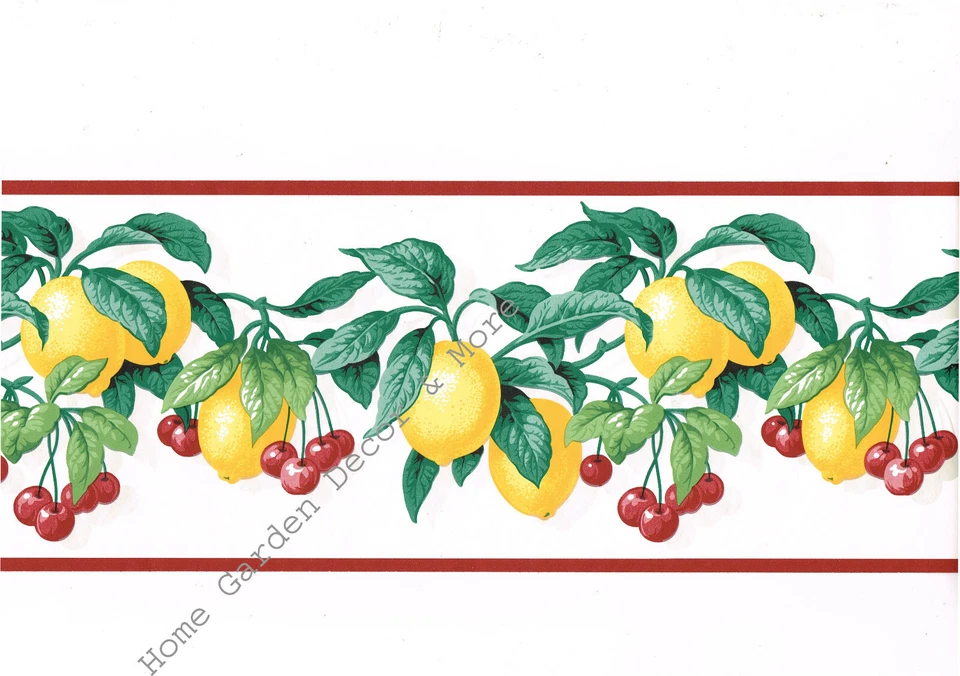 Yellow Lemon Citrus Fruit Red Cherries Wallpaper Border - Изображение 1 из 1