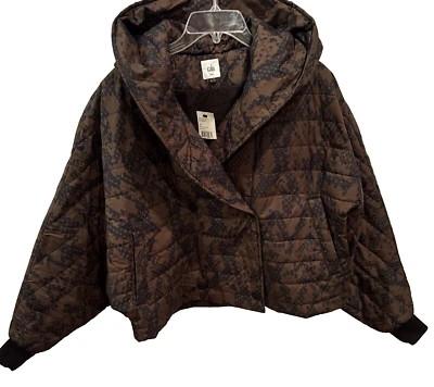 Cabi Wrap Up Puffer Size S/M Oversized Black Brown Skin Print Hooded Jacket New - Image 1 of 4