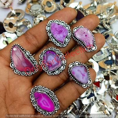 Lote de joyas de anillos hechos a mano enchapados en plata de ley 925 piedras preciosas de ágata rosa rebanada Foto 1 de 4