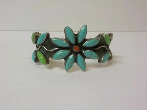 Mexico Sterling Silver Turquoise Multi-Stone Cuff Bracelet, Southwest Style - Picture 1 of 11