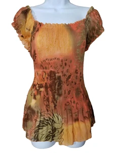 VTG Jaipur boho y2k top shirt orange crinkle nature festival hippie ruffled XL - Picture 1 of 5
