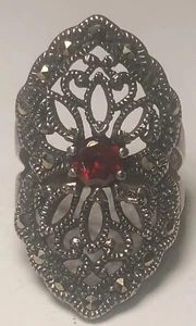 Vintage Large 925 Sterling Silver Marcasite And Garnet Ring Size 5 - Picture 1 of 8