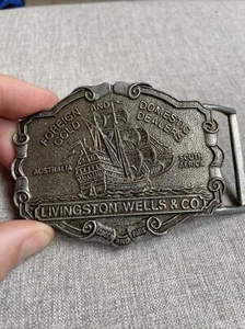 Livingston Wells & Co Vintage Brass Belt Buckle Gold Dealers Shipping 4 x 3 - Picture 1 of 2
