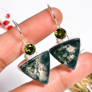 Moos Achat & Peridot Edelstein Handmade Jewelry.925 Silber Ohrringe 1.5 " JK - Bild 1 von 6