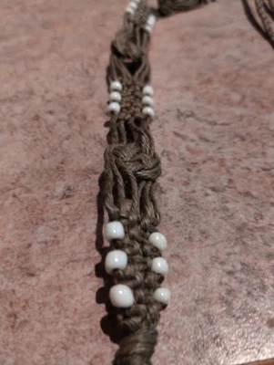 LIGHT BROWN MACRAME BELT WITH WHITE BEADS - THIN - HANDMADE, HIPPIE, BOHO - Image 1 of 3