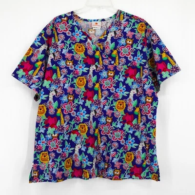 Peaches Women’s V-Neck Animal Print Scrub Top Size Medium Multi-Color Print - Image 1 of 2