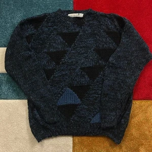 Vintage Blau Geometrisch Strick Rundhals Pullover Michael Gerald Herren L 80er 90er Retro - Bild 1 von 8