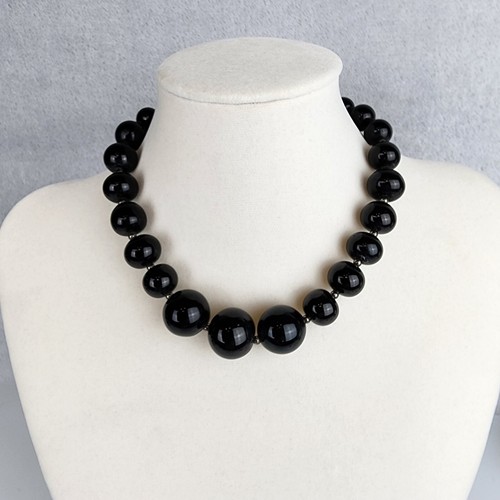 VETEMENTS Collana Vintage Monet Vetro Liscio Nero Perline Graduate Gunmetal Toggle 15" 17"