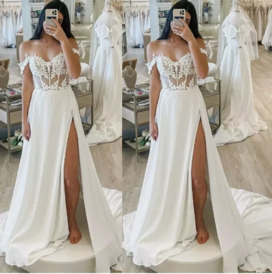Boho Lace Wedding Dresses With Slit Off The Shoulder Chiffon A Line Bridal Gowns - Image 1 of 3