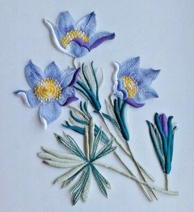 Pasque-Flower Delicate Handmade Embroidered Patch - Picture 1 of 5