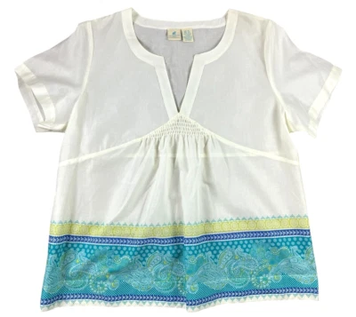 Caribbean Joe Ivory w Turquoise Paisley Smocked Blouse Top  Size XL  NWOT  Boho - Image 1 of 4