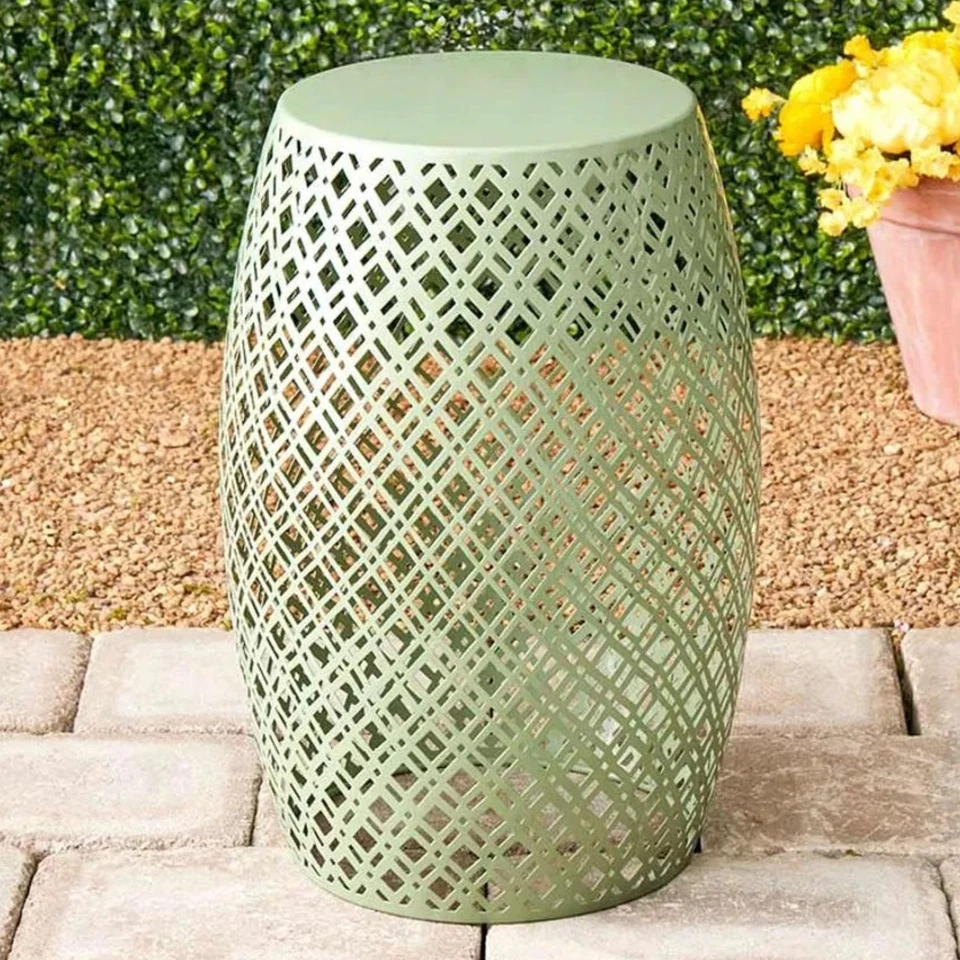 Metal Green Lattice Barrel Stool Table Seat Indoor Outdoor Patio Deck Decor - Image 1 of 4