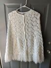 Vintage Crocheted Cape Shawl Poncho with Fringe Button Up White