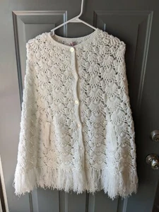 Vintage Crocheted Cape Shawl Poncho with Fringe Button Up White - Picture 1 of 6