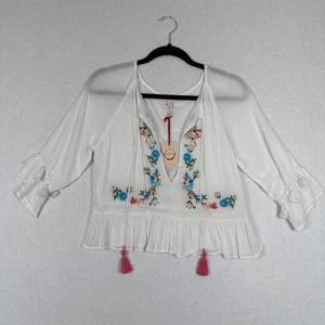 Neu mit Etikett Raga Anthropologie Bauernbluse klein Blumen bestickt weiß Quaste - Bild 1 von 9