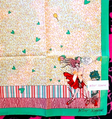 Vintage Betsey Johnson Waiting For My Beau Joe Babe Girl in Red Dress Art Scarf - Image 1 of 4