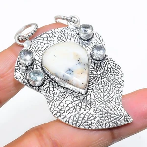 Opale di dendrite, pietra preziosa topazio bianco 925 ciondolo gioiello in ar... - Foto 1 di 5