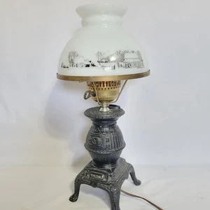 Vtg Currier and Ives Milk Glass Cast Iron Potbelly Stove Electric Lamp 17" - Picture 1 of 15