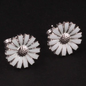 GEORG JENSEN Sterling Earrings. Silver Daisy. White Enamel. 11 mm. NEW! 20001540 - Picture 1 of 6