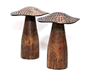 Mushroom Figurines Dark Wood Stem & Copper Tone Metal Cap Set 2 - Picture 1 of 6