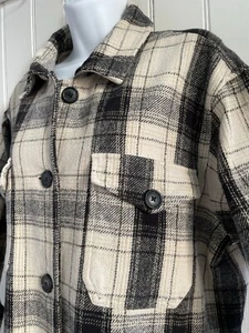 Lucky Brnd Button Frnt Shirt Women L Cream Black Plaid Shacket Heavy Cotton Pckt - Picture 1 of 15