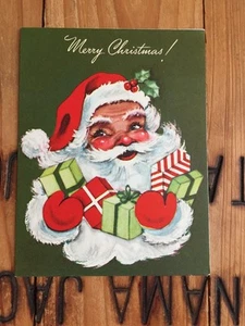 Vintage Christmas Card Cute Santa Wtih Presents Gibson Greeting Used/Signed 50s - Picture 1 of 4