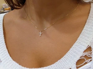 DIAMANTE CRUZ 14K ORO AMARILLO 0,15 QUILATES DIAMANTES PEQUEÑA CRUZ SIN CADENA - Imagen 1 de 9