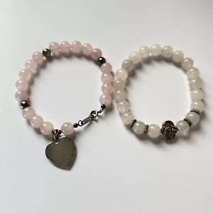 Lot Of 2 Pink Rose Milk Quartz Polished Beaded Bracelets Silver Tone Heart Charm - Picture 1 of 12