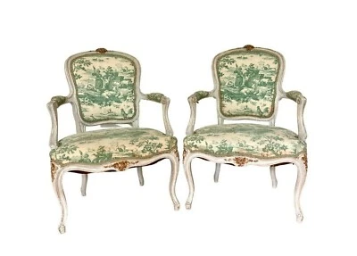 Louis XV cabriolet Armchairs fauteuil french chairs antique pair toile de jouy - Image 1 of 4