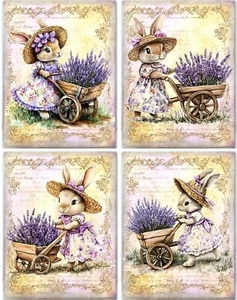 8 BUNNY RABBIT LAVENDER FLOWERS VINTAGE BLANK GLOSSY FOLD OUT CARD W/ENVELOPES - Picture 1 of 4