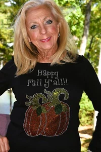 Happy Fall Y'all  Rhinestone bling pumpkin  shirt XS S M L XL XXL 1X 2X 3X 4X 5X - Picture 1 of 11