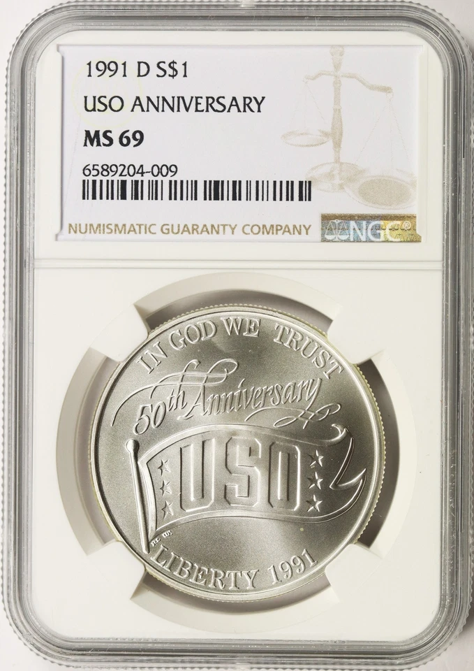 1991-D USO Anniversary $1 Commemorative Silver Dollar NGC MS69 - Image 1 of 2