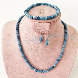 Faceted Aquamarine Natural Gemstone Rondelle Beads Necklace Bracelet Earring Set