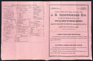 J.B. Inderrieden Co. Chicago Whlse. Früchte Nüsse 1898 Wochenpreisblatt rar - Bild 1 von 2