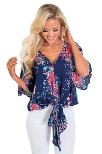 Navy Floral Printed Tie Front Kimono Sleeve Blouse - Picture 1 of 3