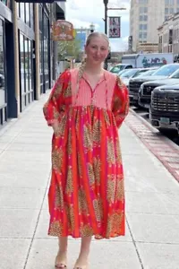 Cotton Pink Orange Striped Tiger Maxi Gown, Deep Neck Dress Women's Clothing US - Picture 1 of 9