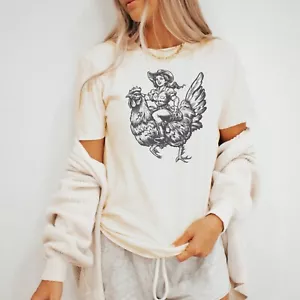 Camisa Vaquera Montar Pollo Gigante Gráfico Camiseta Divertida Camiseta Occidental - Imagen 1 de 4