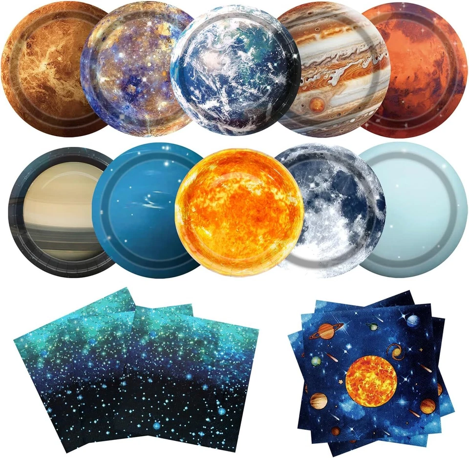 Platos desechables para fiestas con tema espacial 100 piezas Galaxy Planet espacio exterior Foto 1 de 4