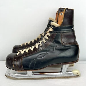 Vintage Mens Leather Two-Tone Ice Hockey Skates CCM Size 9-1/2 Black & Brown - Picture 1 of 24