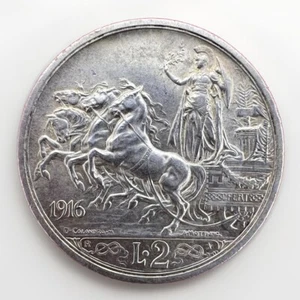Italy 2 Lire, 1916, Quadriga, Vittorio Emanuele III, Silver KM#55 10gr RN016 - Picture 1 of 2