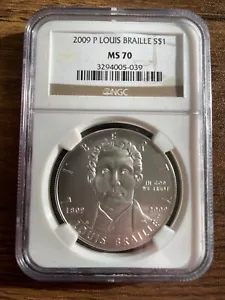 2009-P $1 Silver NGC MS 70 Louis Braille Dollar 90% Silver Coin - Picture 1 of 2