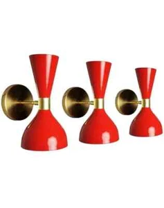 Set 3 applique da parete diablo rosso italiano anni 50 lampada ottone stile Stilnovo - Foto 1 di 5
