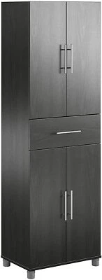 Armario de almacenamiento de despensa de madera negro 4 estantes armario de lavandería organizador de 4 puertas Foto 1 de 4