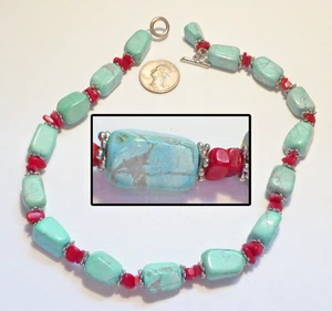 Stunning Vtg Chunky Blue Turquoise & Red Coral Strand Necklace 17.5" FREE SHIP - Picture 1 of 2