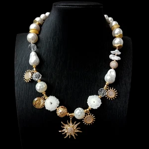 Biwa Pearl Sea Shell Quartz Slize Choker Necklace Copper Charm Jewelry For Women - Picture 1 of 5