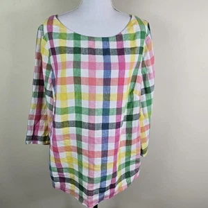 Boden Shirt Womens 14 Multicolor Plaid Linen Blouse 3/4 Sleeve Lightweight Top - Picture 1 of 14