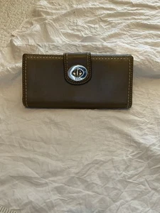 Coach, Women’s, Wallet, Taupe - Beige Stitching, Turnlock, Button, Bifold - Picture 1 of 7