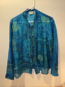 Camisa Blusa Chico's Mujer Talla 2 100% Seda Manga Larga Colorida Artística Transparente - Imagen 1 de 4