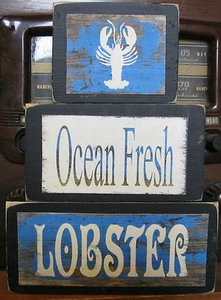 Juego de letreros de madera Ocean Fresh langosta náutica primitiva rústica apilable bloques - Imagen 1 de 3